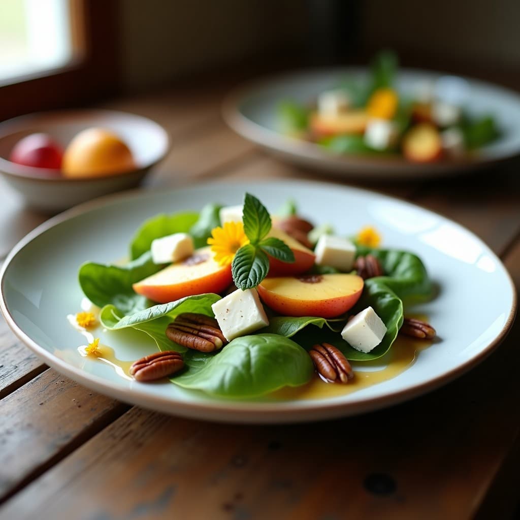 Plato blanco ovalado con ensalada de mache verde oscuro, gajos dorados de nectarina, trozos cremosos de queso burata, nueces pecanas tostadas y decoración de hojas de menta y flores comestibles. Vinagreta brillante sobre los ingredientes, fondo borroso de cocina francesa.