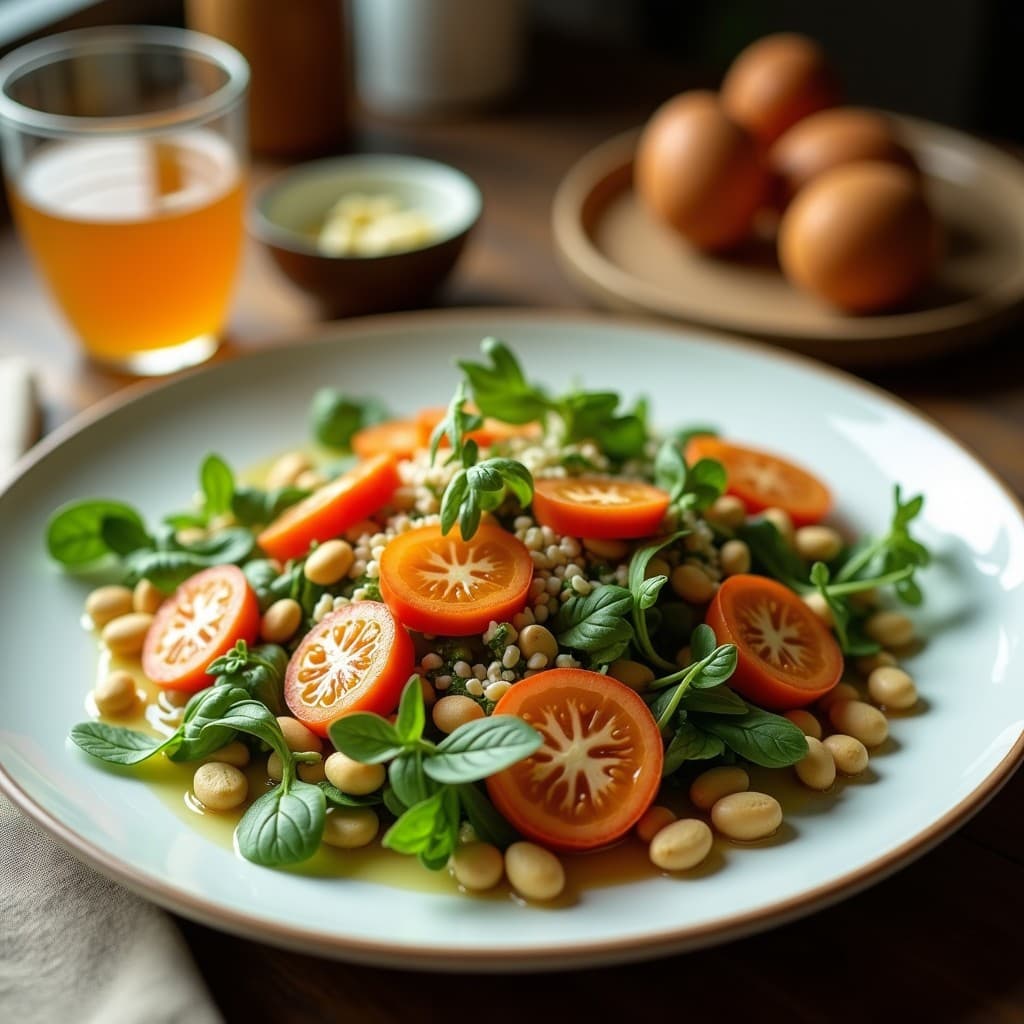 Ensalada elegante de mache fresco con trozos de manzana Fuji, nueces tostadas, queso de cabra desmenuzado y semillas de chía, bañada en una vinagreta dorada de miel y mostaza, servida en un plato blanco con decoración de cebollino.