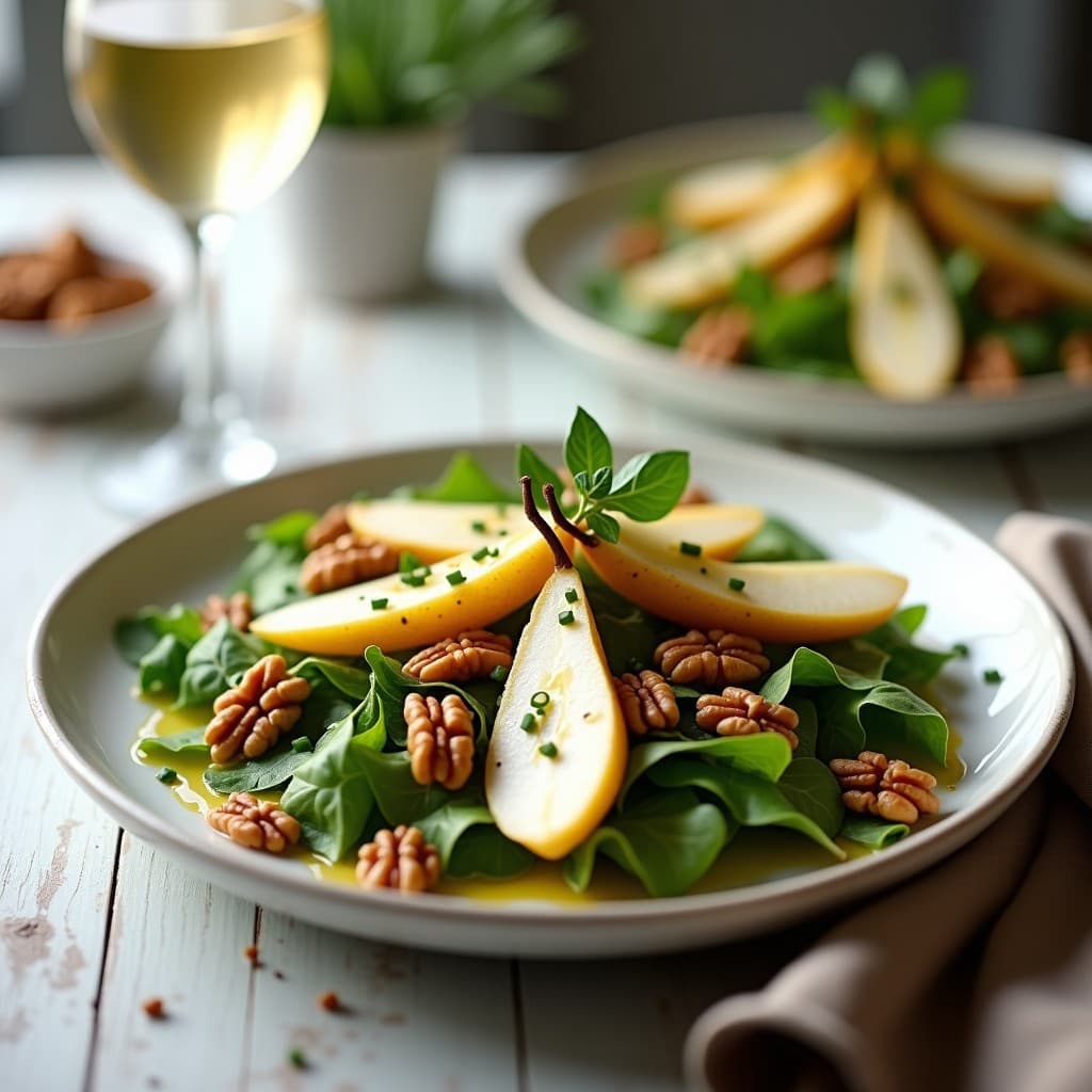 Ensalada francesa sofisticada con base de mache fresco, gajos de pera dorados pochados en vino blanco, nueces caramelizadas brillantes y vinagreta dorada. Decorada con hojas de estragón y cebollino sobre plato blanco rústico.