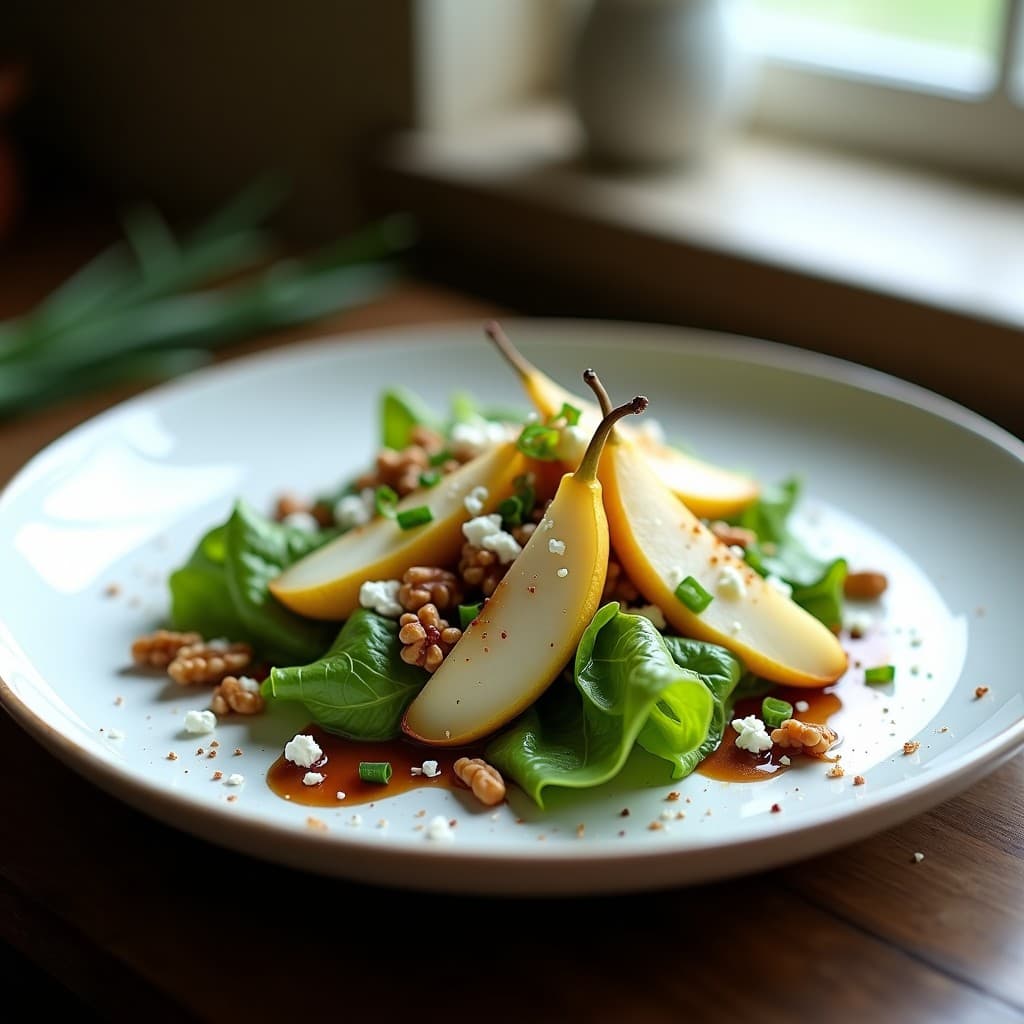 Ensalada francesa elegante con base de mache (canónigos) frescos, gajos de pera dorados al vino tinto, trozos de queso de cabra semicurado, nueces tostadas y vinagreta brillante de miel y balsámico, servida en plato blanco rústico.