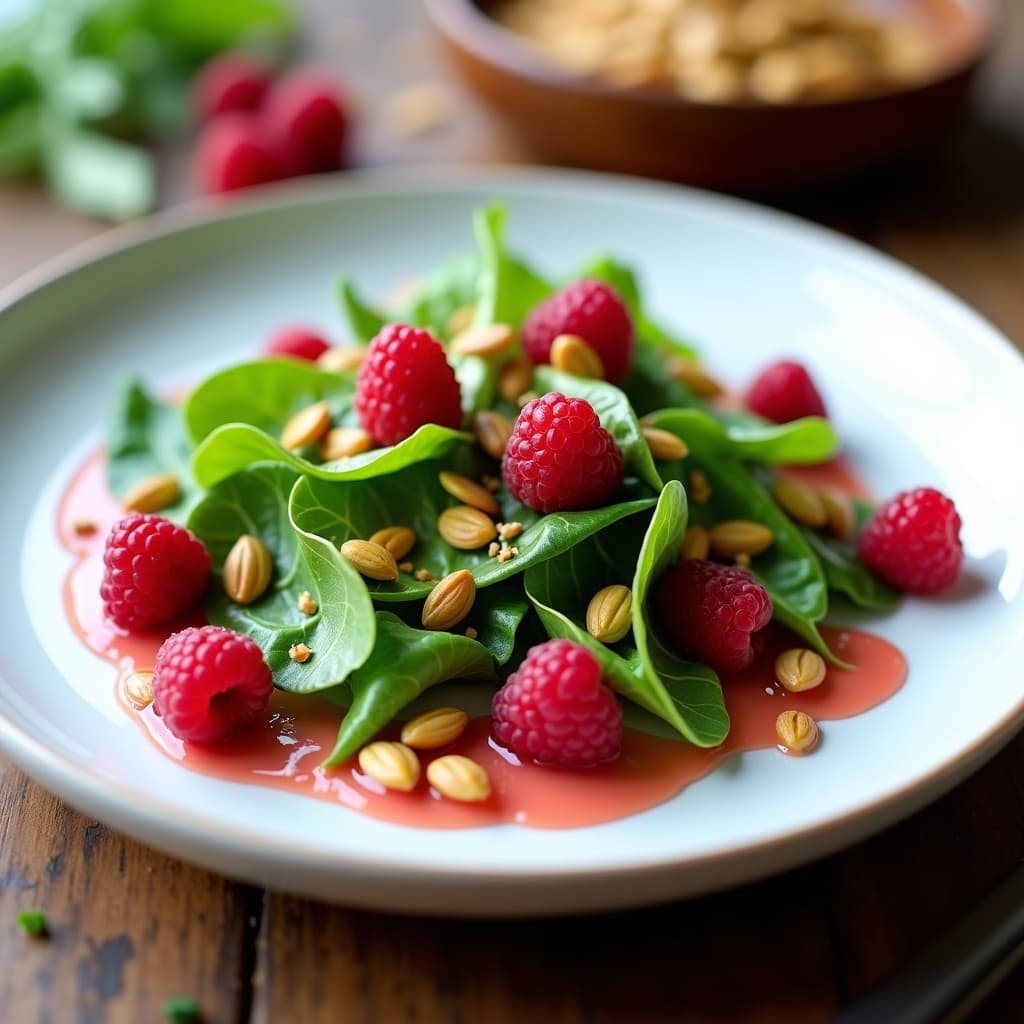Ensalada francesa de mache fresco con vinagreta de frambuesa rosa, semillas de calabaza tostadas doradas y frambuesas enteras, servida en plato blanco sobre fondo rústico de madera.
