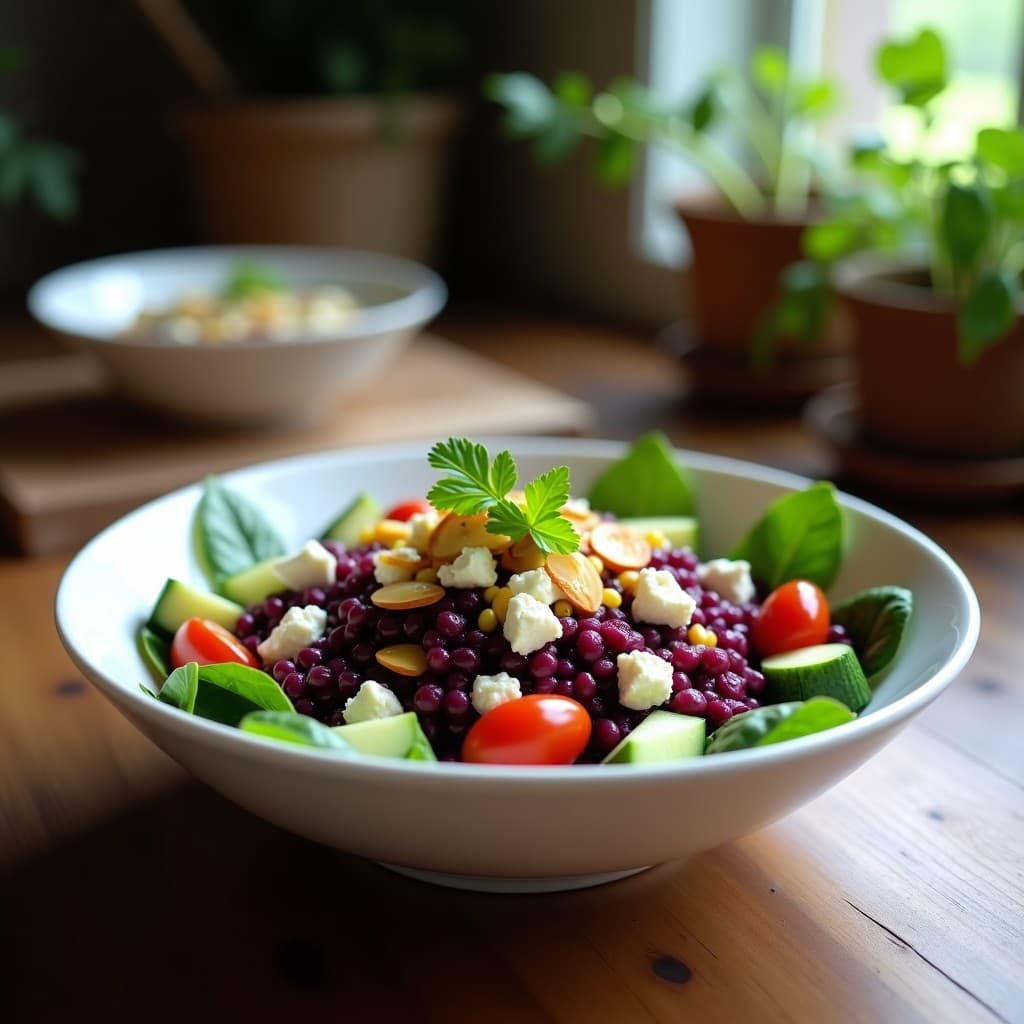 Ensalada vibrante de granos de maíz morado, queso feta desmenuzado, pepino, tomates cherry y espinacas, bañada en una vinagreta dorada de maracuyá, sobre un plato de cerámica blanca con hierbas frescas y almendras tostadas.