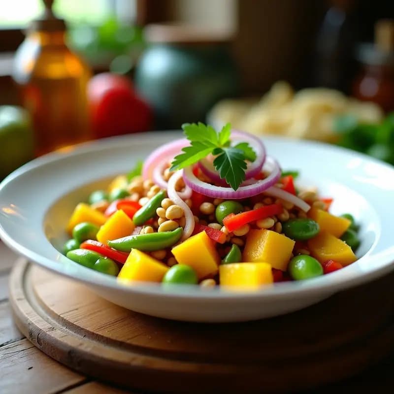 Ensalada tailandesa fresca y colorida en un bol blanco: trozos de mango maduro amarillo, edamame verde, cebolla morada, pimiento rojo y cacahuetes tostados, con aliño de lima y miel brillante. Decorada con hojas de cilantro fresco sobre fondo de madera rústica.