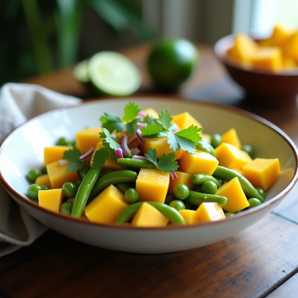 Ensalada fresca y colorida de mango en cubos dorados, edamame verde brillante y pimiento rojo en tiras, con aderezo de lima y semillas de sésamo tostadas, servida en un bol blanco sobre fondo de madera rústica.