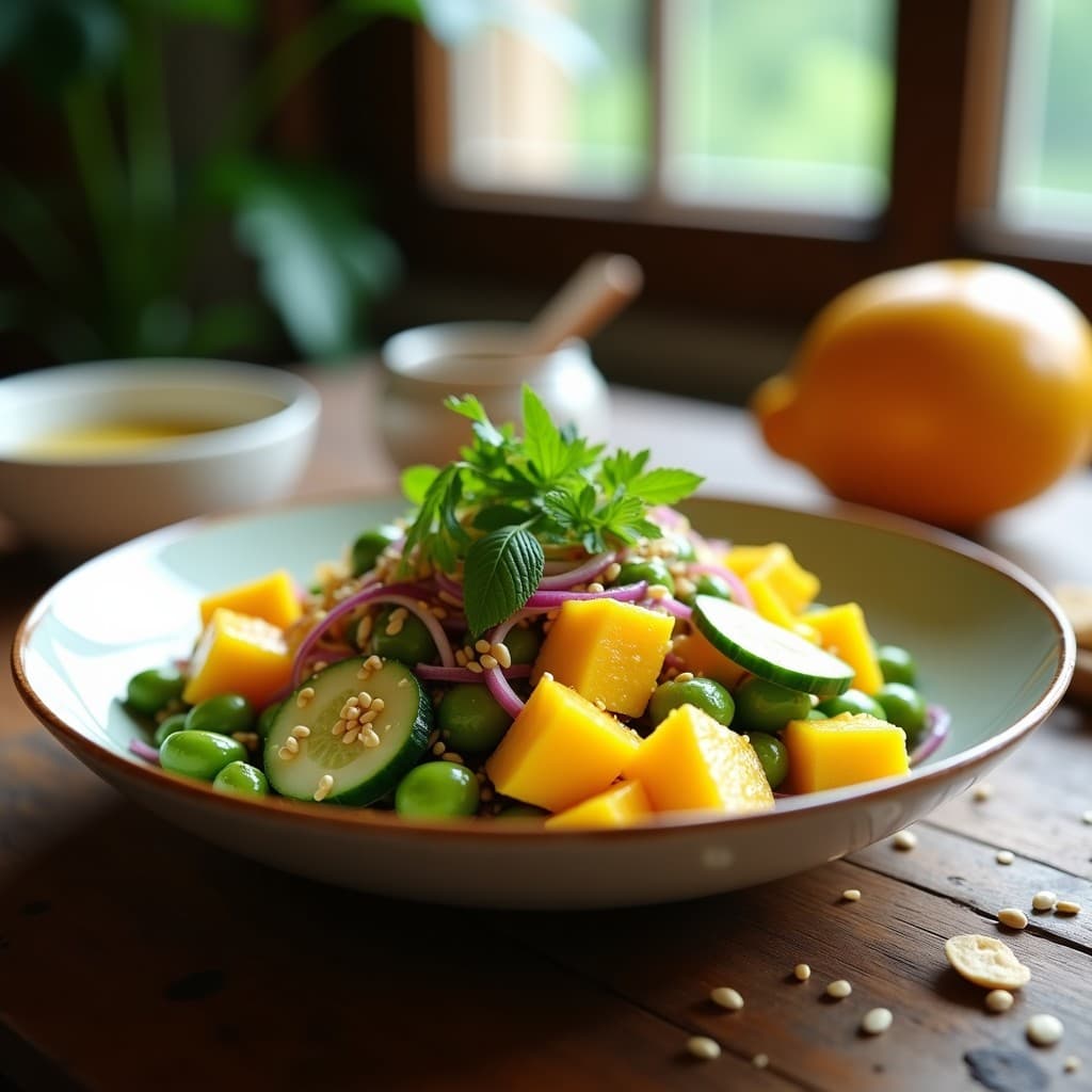 Ensalada fresca de mango en cubos dorados, edamame verde brillante, pepino y cebolla morada, bañada en vinagreta de sésamo y jengibre, decorada con semillas de sésamo tostado, menta y cilantro fresco sobre un plato blanco.