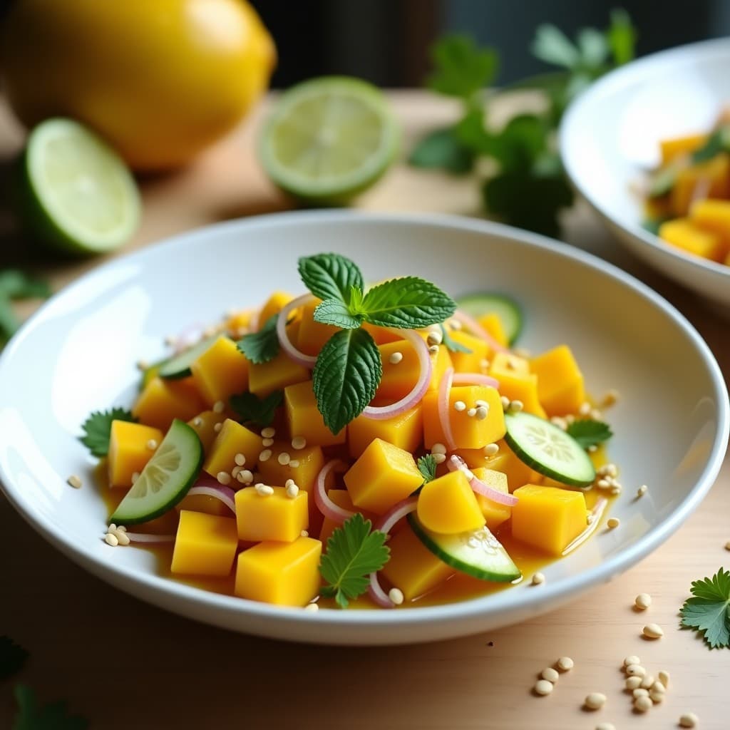 Ensalada fresca de mango en cubos dorados y pepino persa en medias lunas, mezclada con cebolla morada en juliana, decorada con hojas de menta y cilantro, semillas de sésamo y vinagreta de tamarindo brillante. Plato blanco sobre fondo de madera clara con limón y tamarindo al lado.