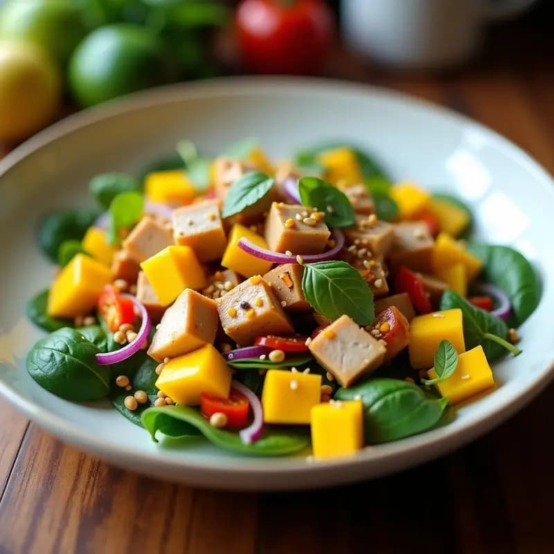 Ensalada fresca peruana con cubos de mango maduro, ventresca de atún desmenuzada, cebolla morada, pimiento amarillo y cilantro sobre hojas de espinaca. Bañada en vinagreta dorada de cúrcuma y decorada con semillas de sésamo tostadas. Plato vibrante y colorido.