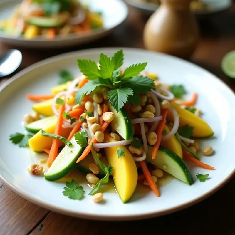 Plato blanco con ensalada tailandesa de mango verde en juliana, pepino, zanahoria y cebolla morada, coronada con cacahuetes tostados y cilantro fresco. Aderezo brillante de limón y miel al fondo.