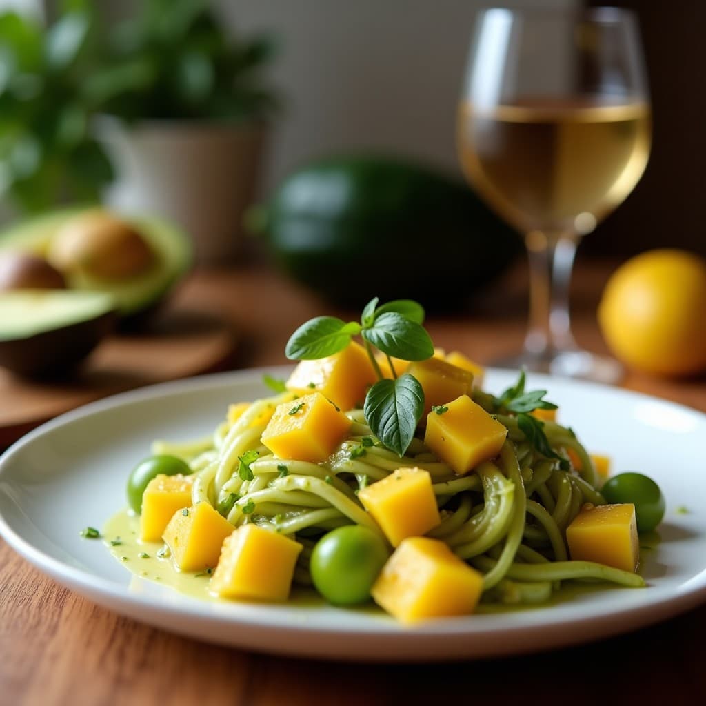 Ensalada tailandesa de mango verde en juliana fina con zanahoria morada, pepino persa y cebolla morada, decorada con cacahuetes tostados triturados, hojas de menta y cilantro. Servida en un plato blanco hondo con vinagreta dorada de limón y miel al lado.