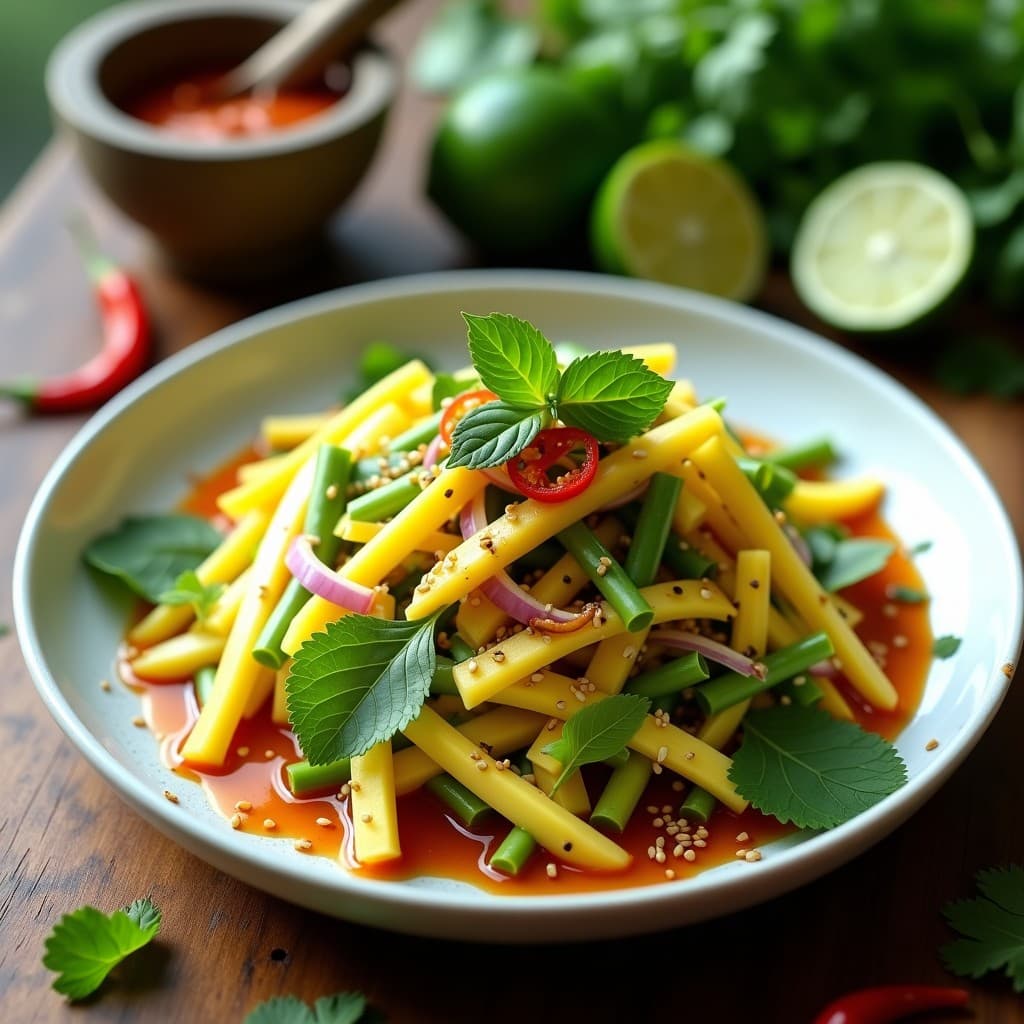 Ensalada tailandesa de mango verde en juliana fina con hierbas frescas (menta, cilantro y albahaca tailandesa), cebolla morada, cacahuetes tostados y semillas de sésamo. Servida en un bol de cerámica blanca sobre fondo rústico de madera, con aderezo picante visible y hojas de hierbas como decoración.