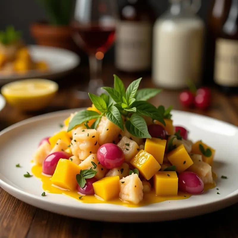 Ensalada tailandesa exótica en bol blanco con lechuga morada, gajos de mangostán, zanahoria rallada, cebolla morada y cacahuetes tostados. Aderezo brillante con hojas de limón kaffir y cilantro fresco espolvoreado.