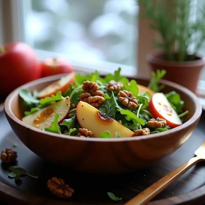 Ensalada Årstidernas sueca en bol de madera con manzana Braeburn en gajos, nueces tostadas, apio y rúcula, bañada en aliño de mostaza Dijon y miel de abeto, decorada con eneldo fresco.