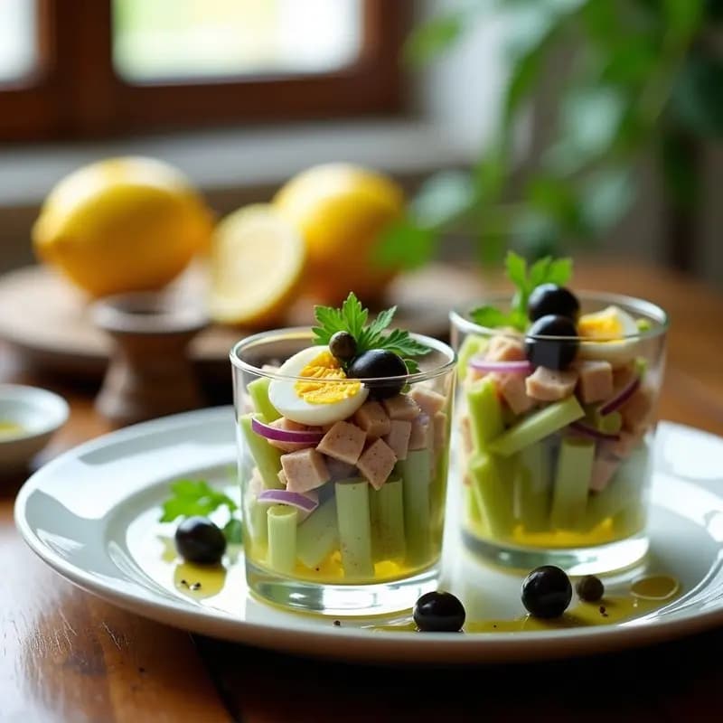 Ensalada Marcheta italiana en copas de cristal: atún desmenuzado, huevos en cubos, apio verde, cebolla morada, alcaparras y aceitunas negras, aderezada con perejil fresco y un hilo de aceite de oliva.
