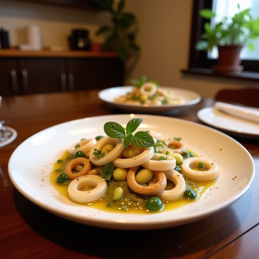 Ensalada fresca de medusa hidratada en tiras finas, pepino persa en juliana, zanahoria y cebolla morada, decorada con semillas de sésamo negro y blanco, cilantro fresco y un hilo de aceite de sésamo tostado. Plato positivo sobre fondo oscuro con toques de color vibrante.