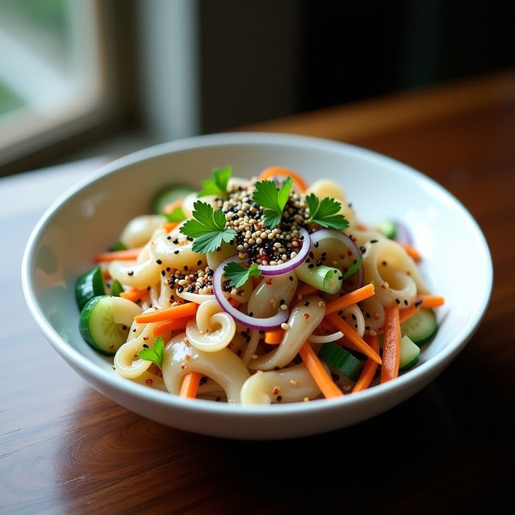 Ensalada china de medusas hidratadas en tiras transparentes, mezcladas con pepino en juliana, zanahoria rallada y cebolla morada, coronada con semillas de sésamo negro y blanco, cilantro fresco y un aderezo brillante. Plato fresco, crunchy y proteico sobre fondo de madera oscura.