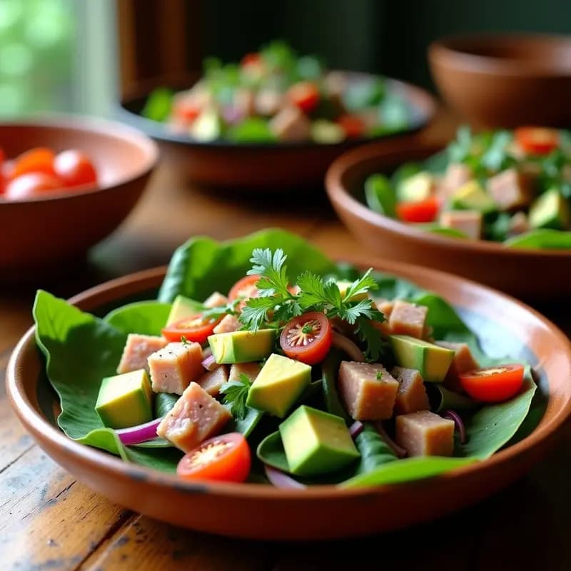 Ensalada mexicana colorida en plato de barro con nopales verdes, atún ahumado desmenuzado, aguacate en cubos, jitomate rojo y cebolla morada, decorada con cilantro fresco y chile serrano, con un fondo rústico.
