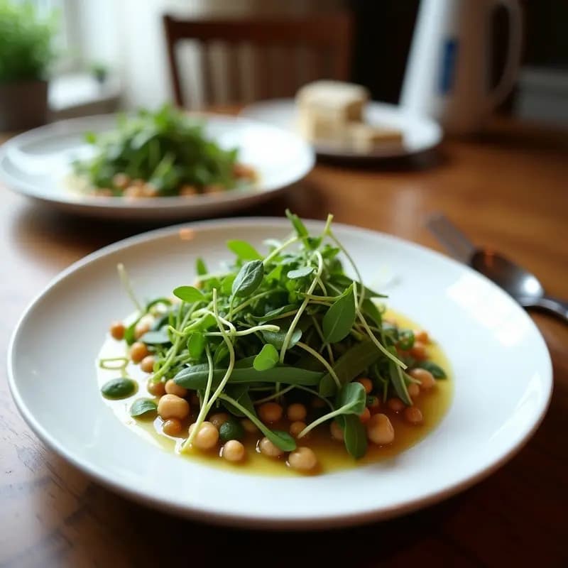 Ensalada fresca de microgreens variados (rúcula, radish) con cubos de manzana verde, nueces tostadas y vinagreta de mostaza de Dijon y aceite de nueces. Plato blanco sobre fondo rústico de madera, receta keto en 5 minutos.