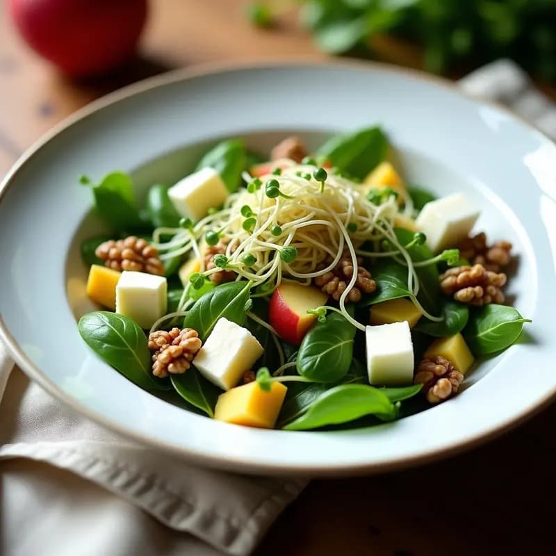 Ensalada fresca de microvegetales variados con trozos cremosos de queso de búfala, dados de manzana verde y nueces, bañada en vinagreta brillante de vinagre de sidra. Plato gourmet servido en fuente blanca sobre fondo rústico.