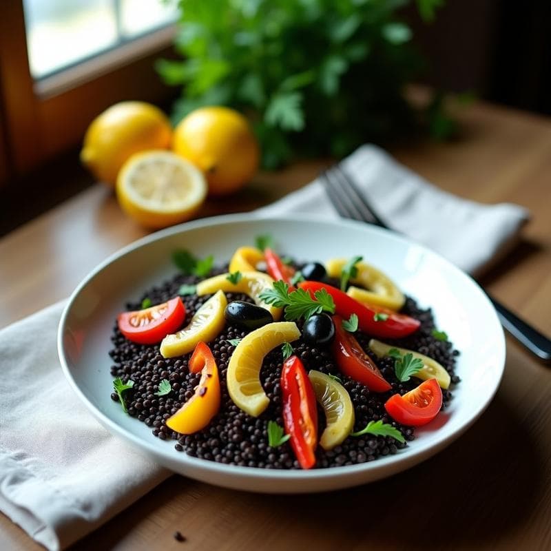 Ensalada fría de mijo negro con alcachofas en cuartos, pimiento rojo asado, tomates cherry y aceitunas negras, bañada en vinagreta de limón confitado. Servida en un plato blanco con perejil fresco espolvoreado.