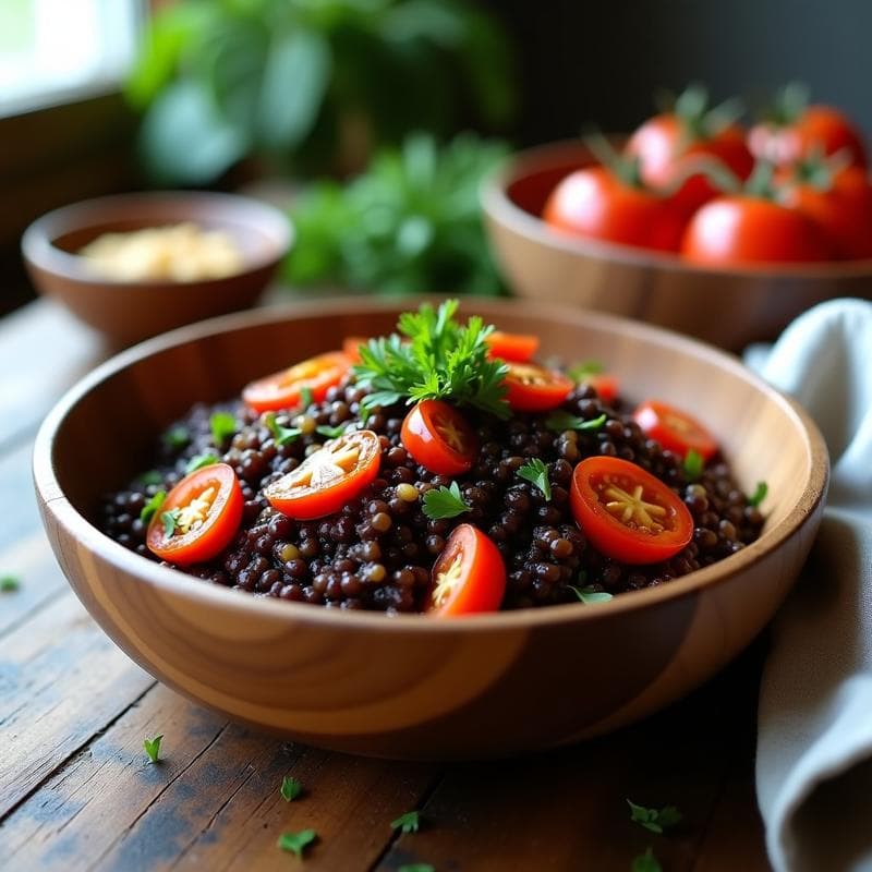 Ensalada vegana española en un bol de madera con mijo negro, pimientos del Padrón asados en tiras, cebolla morada, tomate en cubos y perejil fresco espolvoreado. La vinagreta de sidra brilla ligeramente sobre los ingredientes, dando un aspecto jugoso y apetitoso.