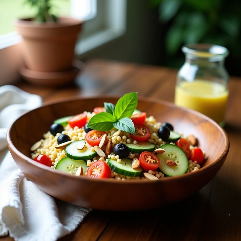 Ensalada francesa vegana y sin gluten de mijo dorado con rodajas de pepino fresco, tomates cherry, aceitunas negras y hierbas provenzales, decorada con almendras tostadas y servida en un bol de cerámica blanca sobre una mesa de madera rústica.