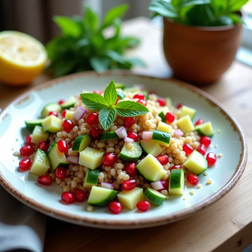 Ensalada fresca libanesa de mijo con cubos de pepino persa, semillas de granada rojas brillantes y hojas de menta verde sobre un plato blanco rústico, decorada con hierbas frescas y un hilo de aceite de oliva.