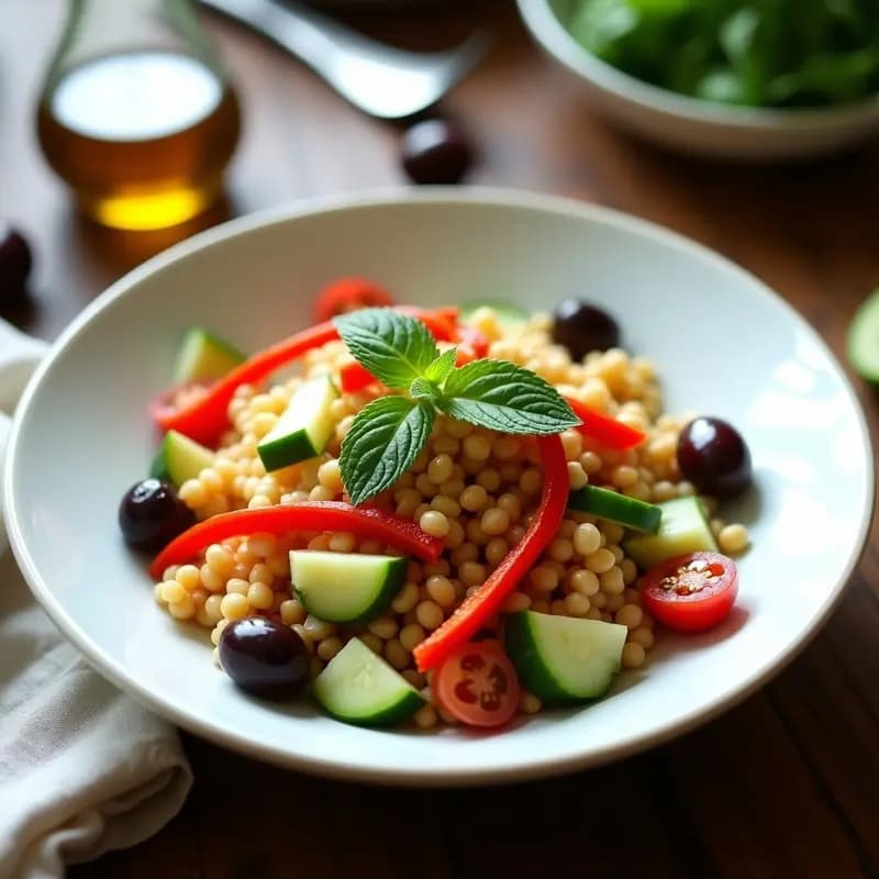 Ensalada fresca de mijo dorado con pimiento rojo asado en tiras, aceitunas Kalamata negras, tomate y pepino en cubos, decorada con hierbabuena sobre un bol de cerámica blanca.