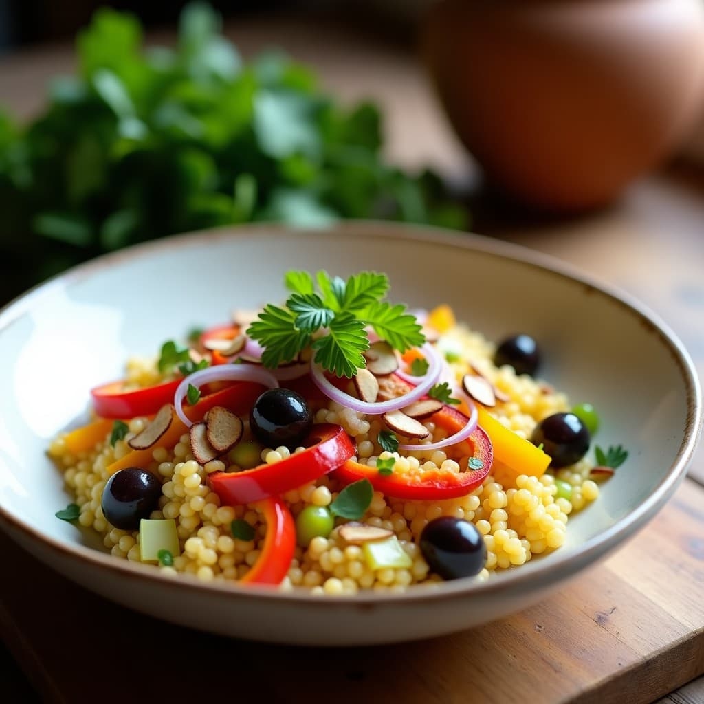 Ensalada griaga de mijo dorado con tiras de pimientos asados rojos y amarillos, aceitunas Kalamata negras, almendras tostadas y perejil fresco, servida en un plato blanco rústico sobre una mesa de madera con fondo de luz natural.