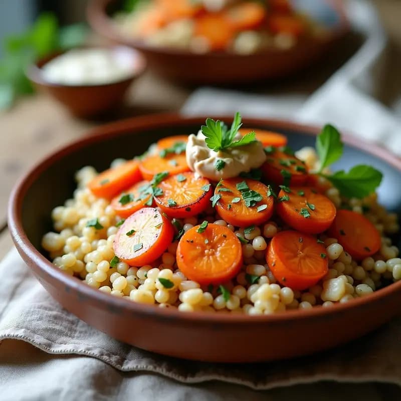 Ensalada vegana de mijo con zanahorias asadas doradas, aderezo cremoso de tahini y pipas de girasol, servida en un bol de barro con perejil fresco.