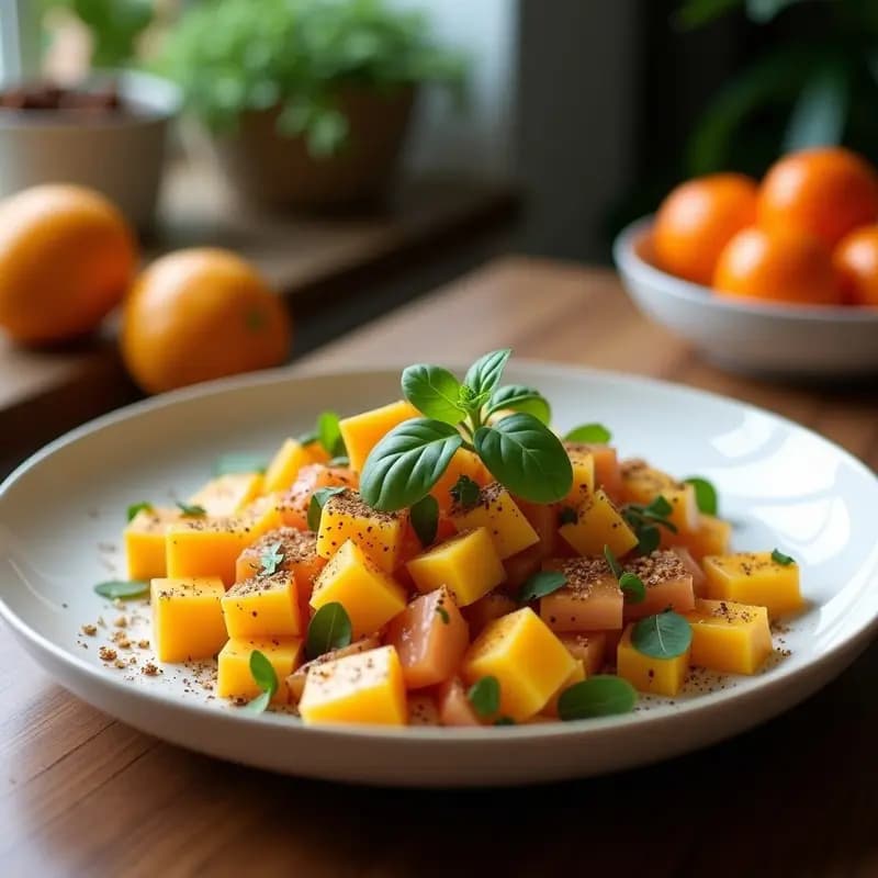 Ensalada vibrante de remolacha morada en cubos, rodajas de naranja sanguina y semillas de granada, espolvoreada con zaatar y menta fresca, servida en un plato blanco rústico.