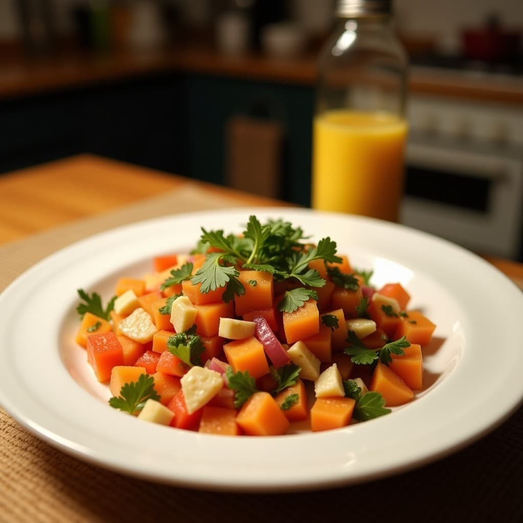 Ensalada colorida en bol de madera con remolacha, zanahoria morada, manzana verde, apio, nueces y queso feta, decorada con hojas de menta y aliño cítrico brillante.
