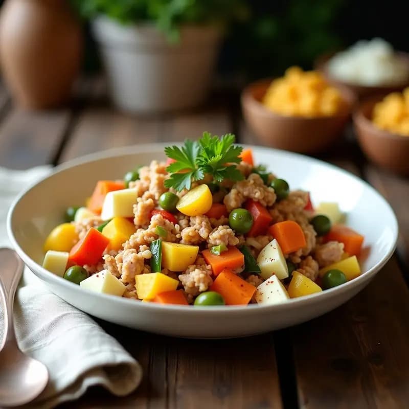 Bowl de cerámica blanca con ensalada moruna colorida: patatas, zanahorias, huevo picado, atún, aceitunas y perejil, aliñada con pimentón. Receta duradera para tupper.