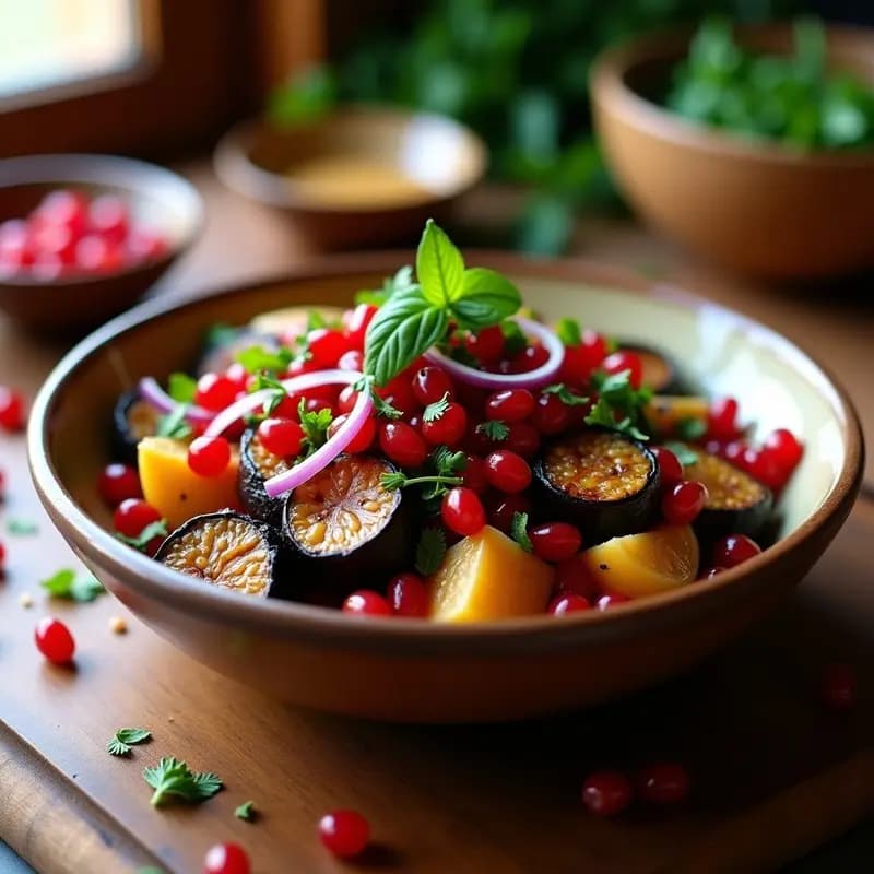 Ensalada moruna en bol rústico de cerámica con berenjena ahumada, semillas de granada rojas, cebolla morada y tomates cherry, decorada con hojas de menta y perejil, con un aliño cremoso de tahini.