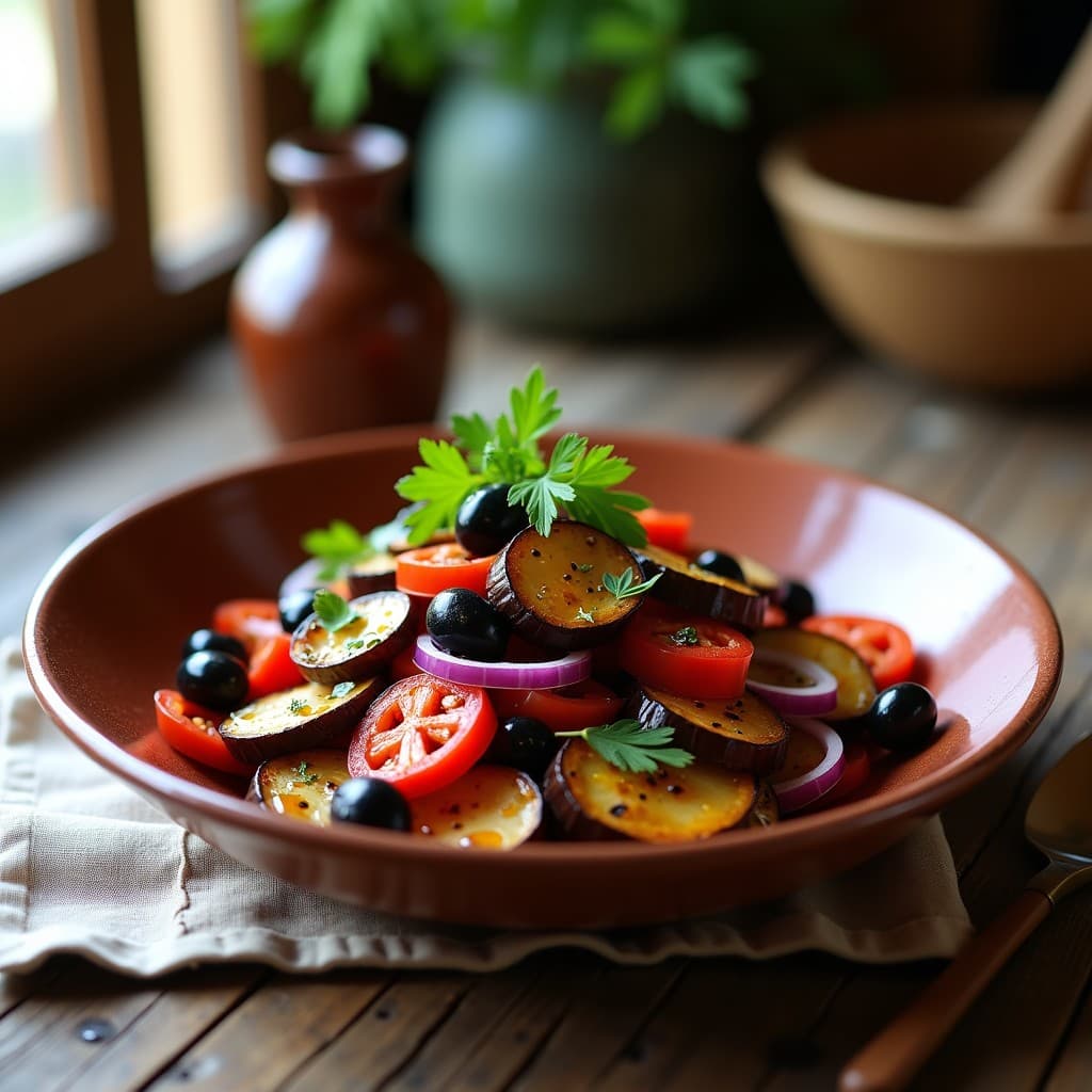 Ensalada moruna en plato hondo de barro con berenjena ahumada, pimientos rojos, cebolla morada y aceitunas negras, bañada en vinagreta dorada y decorada con perejil fresco.