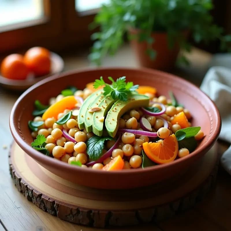 Ensalada moruna en bol de barro con garbanzos, gajos de naranja ahumada, aguacate en cubos y almendras tostadas, espolvoreada con semillas de sésamo y perejil fresco.