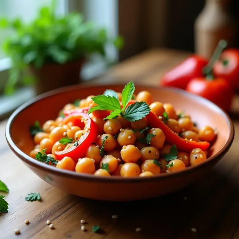 Ensalada moruna en bol de barro con garbanzos, pimiento rojo asado y perejil, espolvoreada con semillas de sésamo y aliñada con pimentón.