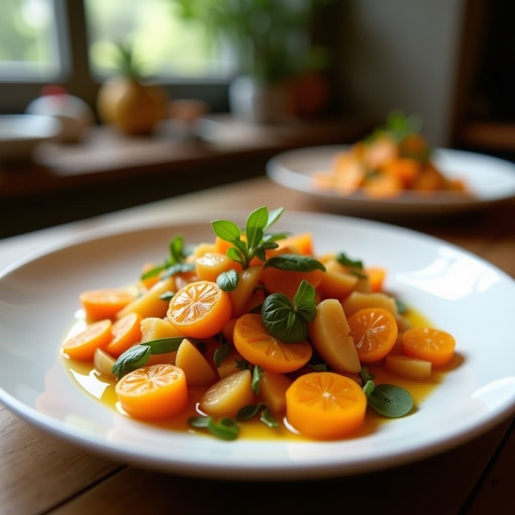 Ensalada moruna vegana en plato blanco rústico, con gajos de naranja sanguina, aceitunas negras, cebolla morada, pimiento asado y almendras tostadas, aliñada con especias y perejil fresco.