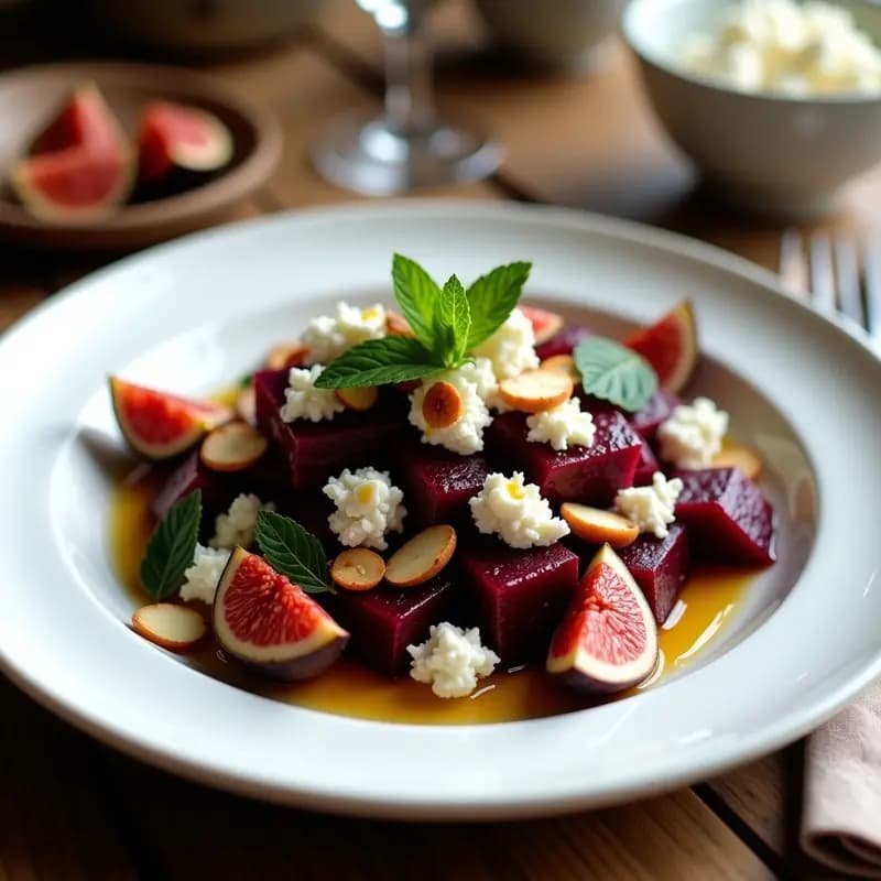Ensalada moruna en bol de cerámica blanca con remolacha en cubos, higos en cuartos, queso de cabra desmenuzado y almendras tostadas, decorada con hojas de menta fresca y aliño dorado.