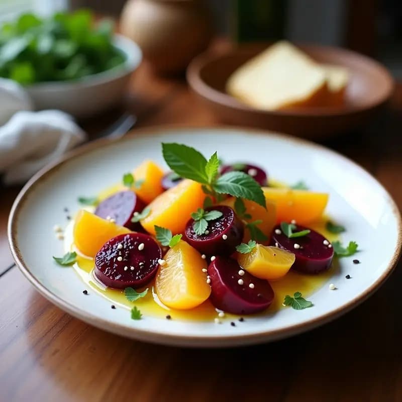 Ensalada moruna en bol de barro con remolacha en cubos, gajos de naranja sanguina, cebolla morada y sésamo tostado espolvoreado, acompañada de hojas de menta fresca.