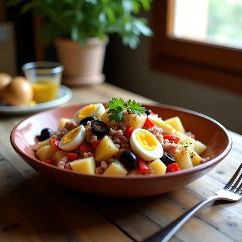 Ensalada moruna en bowl de barro con ventresca de atún desmenuzada, huevo duro, patatas cocidas, pimiento asado y aceitunas negras, aliñada con perejil fresco.