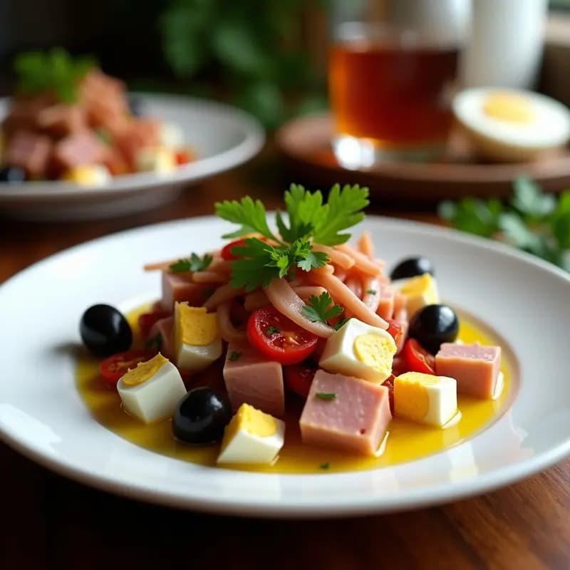 Ensalada moruna en plato blanco con ventresca de atún desmenuzada, tomates secos, huevo duro, cebolla morada y aceitunas, aliñada con especias y perejil fresco.