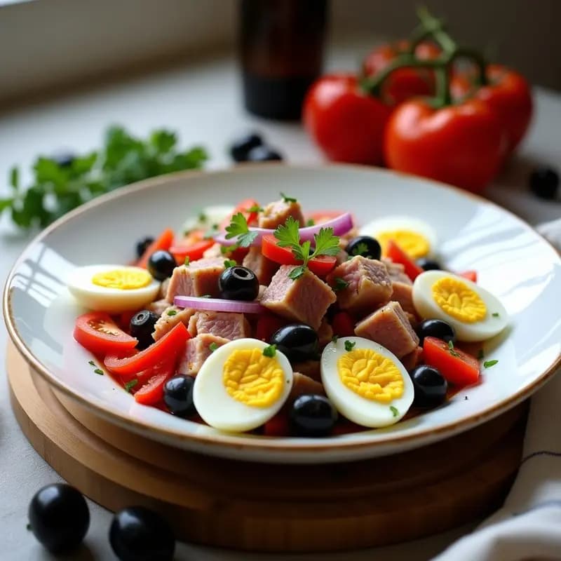 Ensalada moruna tradicional en plato hondo blanco, con ventresca de atún, huevos duros en rodajas, pimiento rojo asado, tomate en cubos, cebolla morada y aceitunas negras, aliñada con perejil fresco.