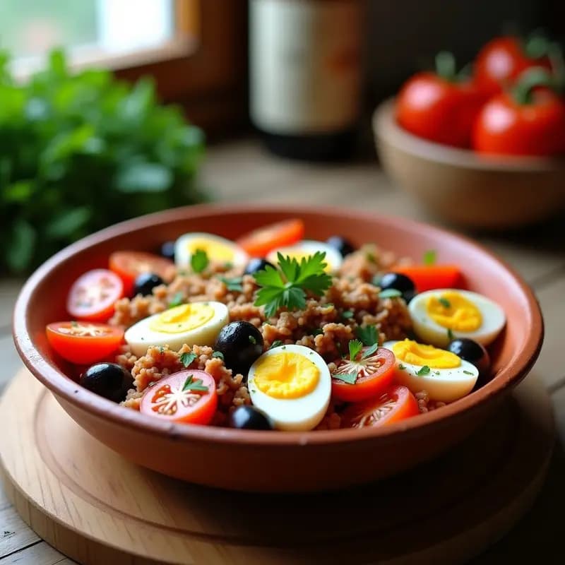Ensalada murciana fresca en bol de barro con tomates rojos, huevo duro en cuartos, atún desmenuzado, aceitunas negras y trozos de ñora, aliñada con aceite de oliva y perejil. Receta tradicional llena de sabor.