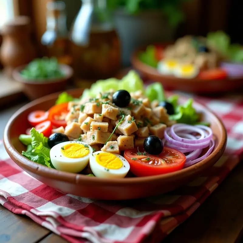 Ensalada murciana fresca en un bol de barro con lechuga, tomate, pimiento verde, atún desmenuzado, huevo duro en cuartos y olivas negras, aliñada con aceite de oliva y decorada con orégano.