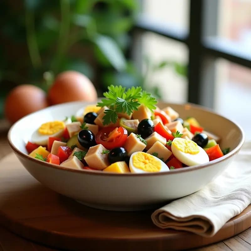 Ensalada murciana fresca en bol de barro con atún en trozos, huevos cocidos en cuartos, tomate, cebolla morada, pimiento verde y aceitunas negras, aliñada con vinagreta de ñora y decorada con perejil.