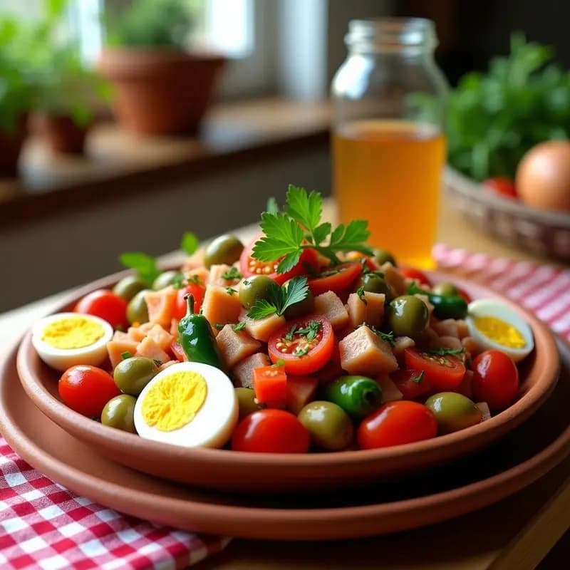 Ensaladamurciana fresca en bol de barro con tomates, pimiento verde, atún, huevos duros, aceitunas y ñoras. Aliño brillante y perejil espolvoreado.