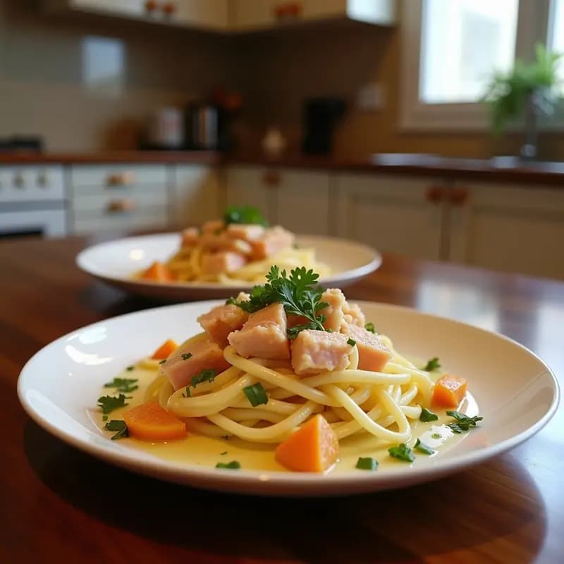 Ensalada murciana en plato blanco con bacalao desalado desmenuzado, rodajas de naranja fresca, cebolla morada en juliana, aceitunas negras, huevo duro en cuartos y perejil picado, bañada en aliño de aceite de oliva y vinagre de Jerez.