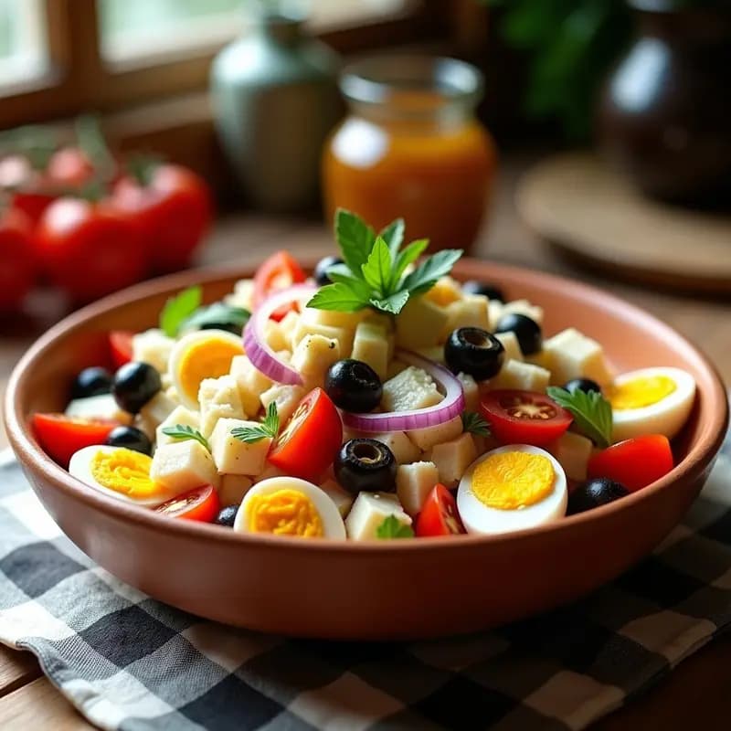Ensalada murciana fresca en bol de barro con bacalao desmenuzado, huevo duro en cuartos, tomate, cebolla morada, pimiento verde y aceitunas negras, aliñada con aceite de oliva y perejil picado.