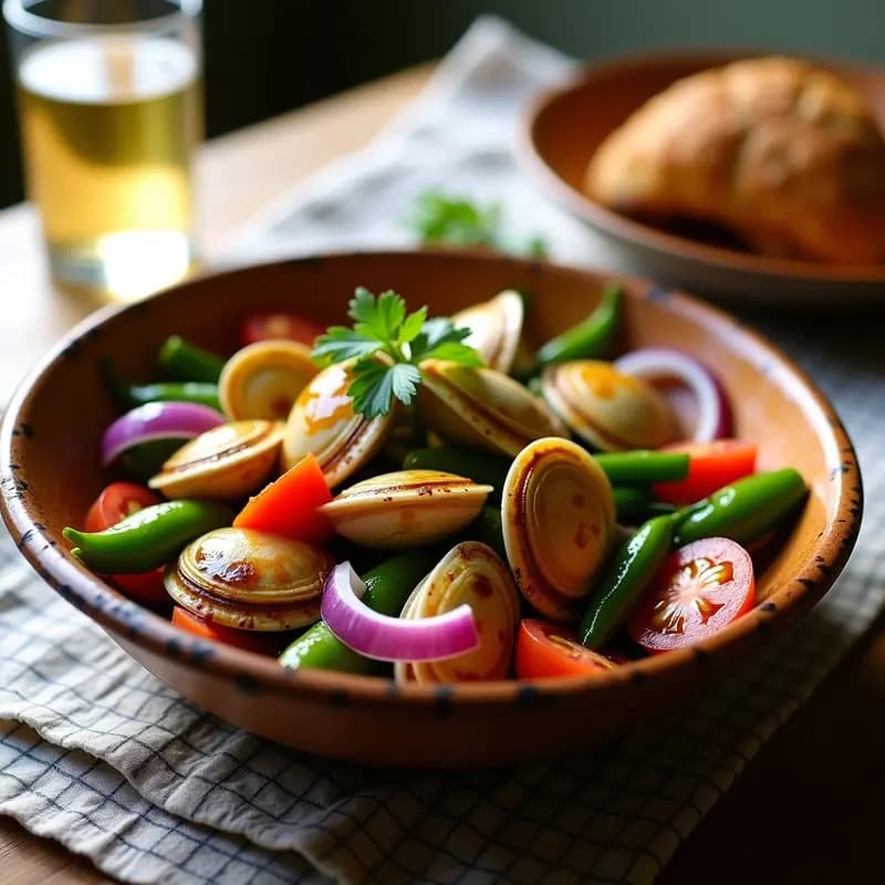 Ensalada asturiana de nacoras a la plancha con pimientos verdes asados, cebolla morada y tomate, aliñada con vinagreta de sidra, servida en fuente de barro rústica.