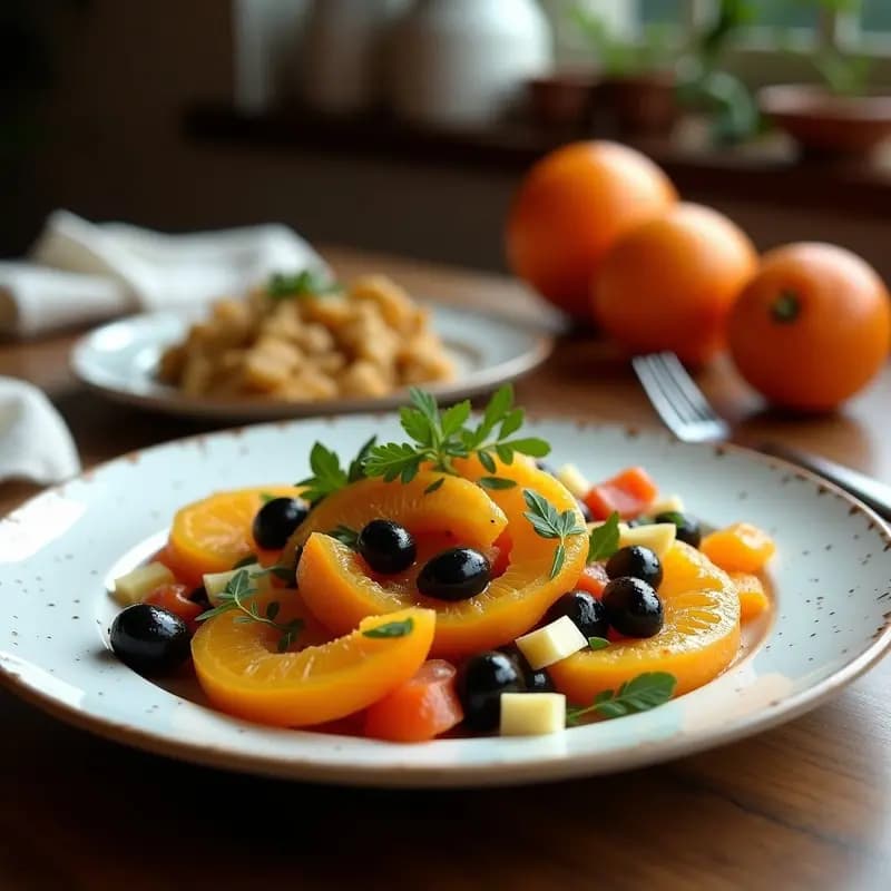 Ensalada marroquí de naranja y aceitunas con ras el hanout servida en plato de barro, con rodajas de naranja sanguina y amarga, aceitunas negras, almendras tostadas y semillas de sésamo, decorada con hojas de menta fresca y bañada en vinagreta especiada.